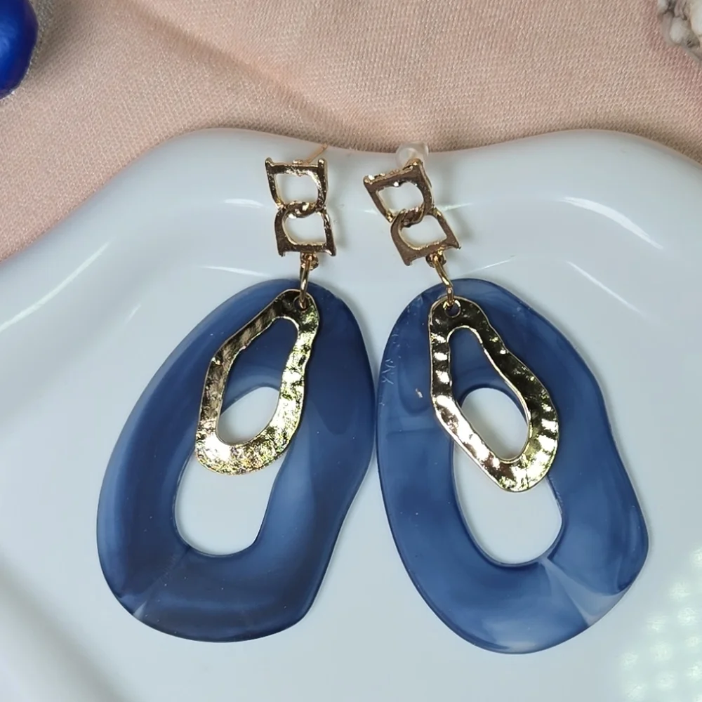 Navy Blue Geometric Acrylic Earrings Gold Abstract Statement Bold Modern Jewelry
